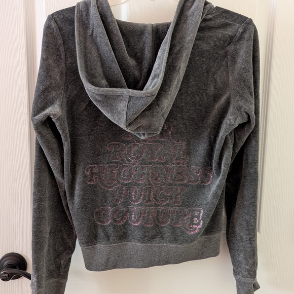 Juicy Couture Tops - Juicy Couture Charcoal Velour Hoodie with Pink Accents
